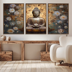 Golden Buddha Wall Art Canvas Print | Zen Meditation Floral