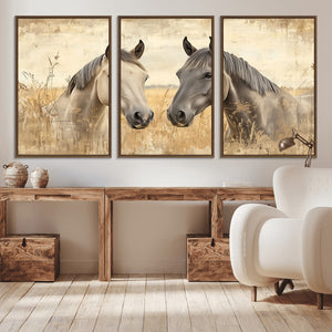 Chines Ink Style Grunge Horses Wall Art Canvas Print