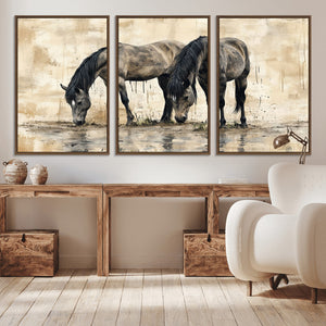 Chinese Style Abstract Black Horses Wall Art Canvas Print -