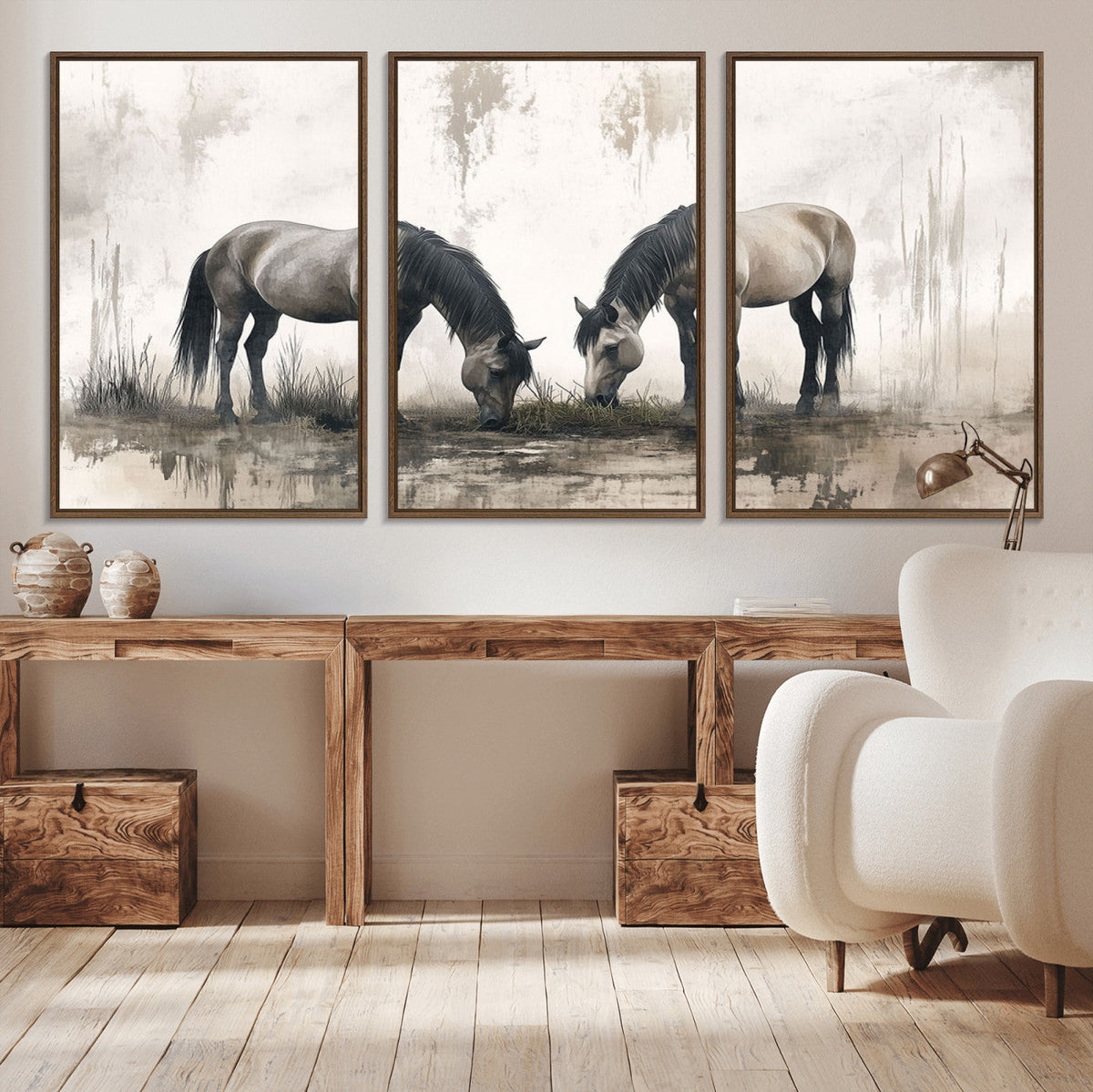 Chines Ink Style Vintage Horses Wall Art Canvas Print for