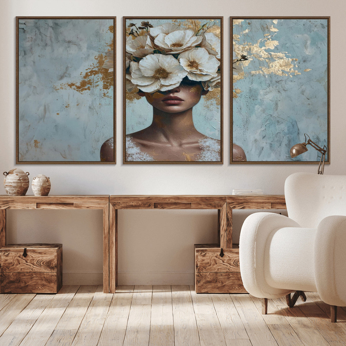 Golden Petal Wall Art - Petal Silhouette Woman Wall Art