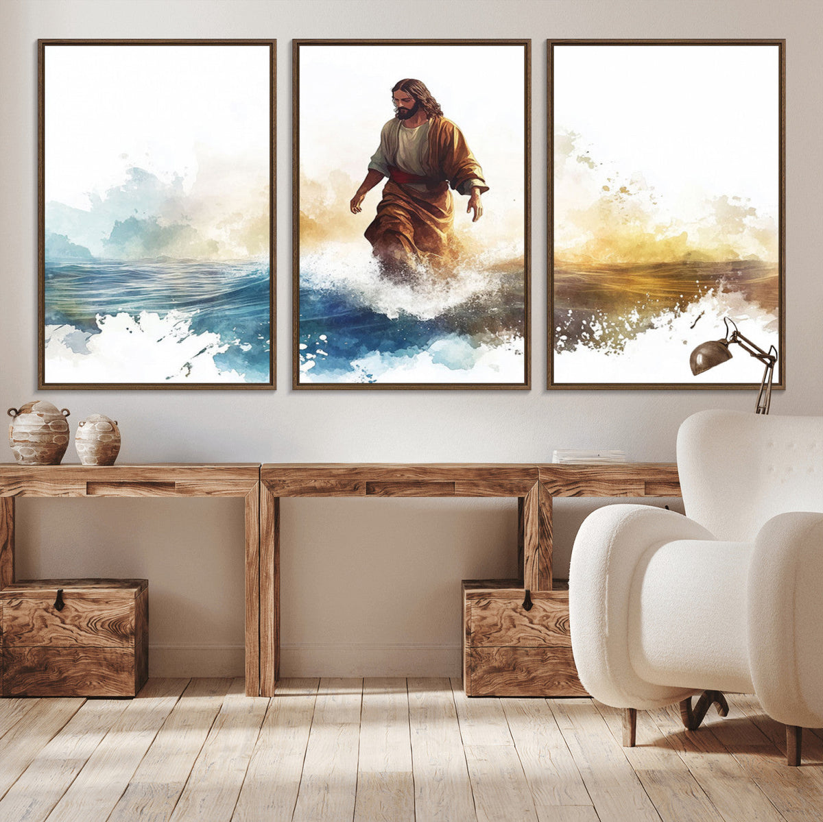 Watercolor Jesus Walking Wall Art Print, Jesus Water Canvas