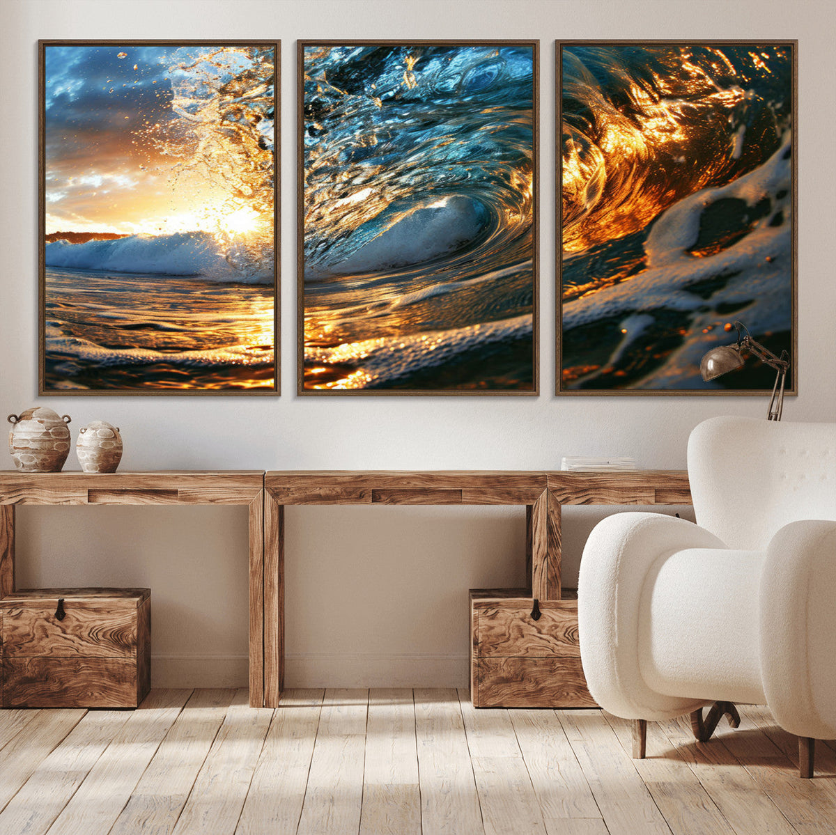 Ocean Wave at Sunset Canvas Wall Art – Vibrant Coastal Beach