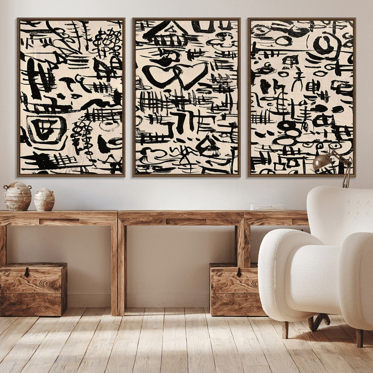 Abstract Love and Chaos Canvas Print, Black Symbols on Beige