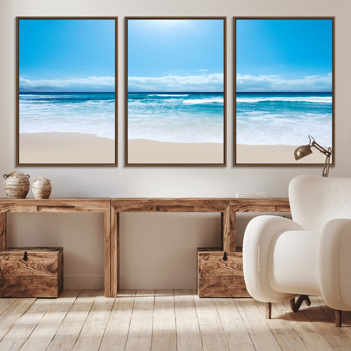 Wall Art Canvas Print Shiny Blue Sea and Beach