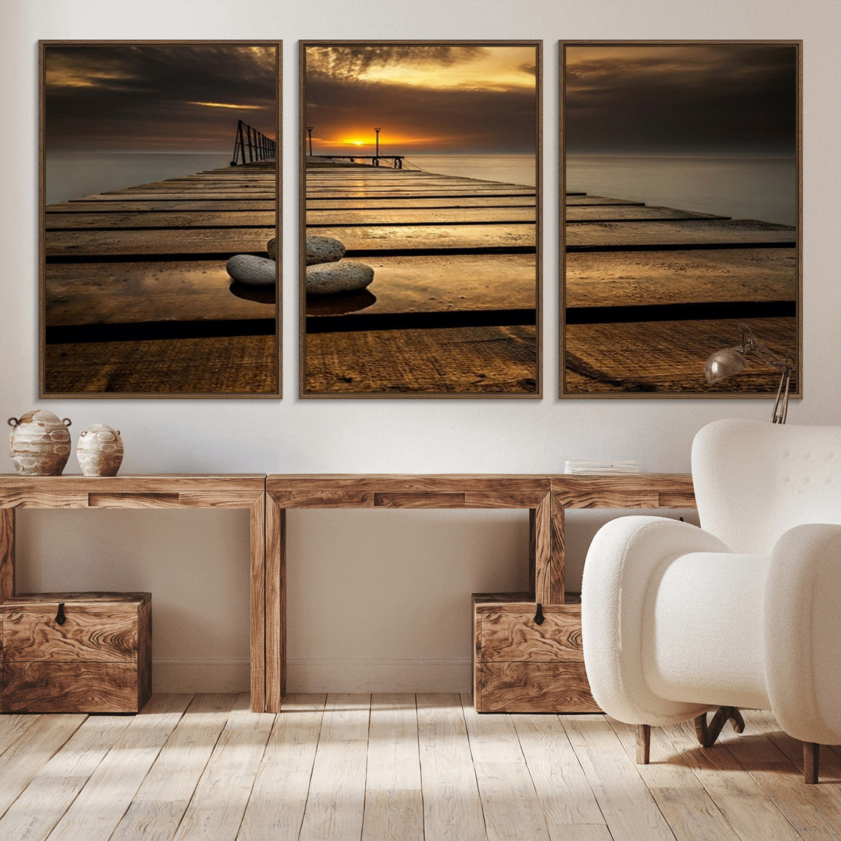 Stones on Wooden Pier at Sunset Canvas Print, Serene Coastal