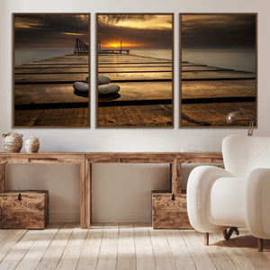 Stones on Wooden Pier at Sunset Canvas Print, Serene Coastal