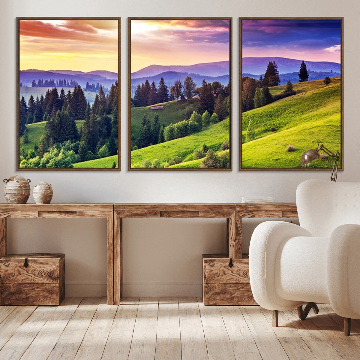 Green Hills and Sunset Wall Art Print - Scenic Landscape