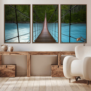 Suspension Bridge Over River Canvas Art | 3-Panel Nature