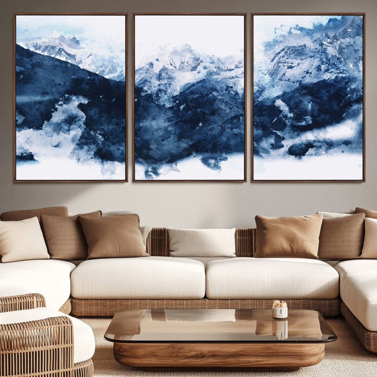 Abstract Blue Mountain Canvas Wall Art – Modern Triptych