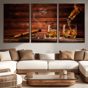 Whiskey and Cigar Wall Art Canvas | 3 Panel Bar Room Decor