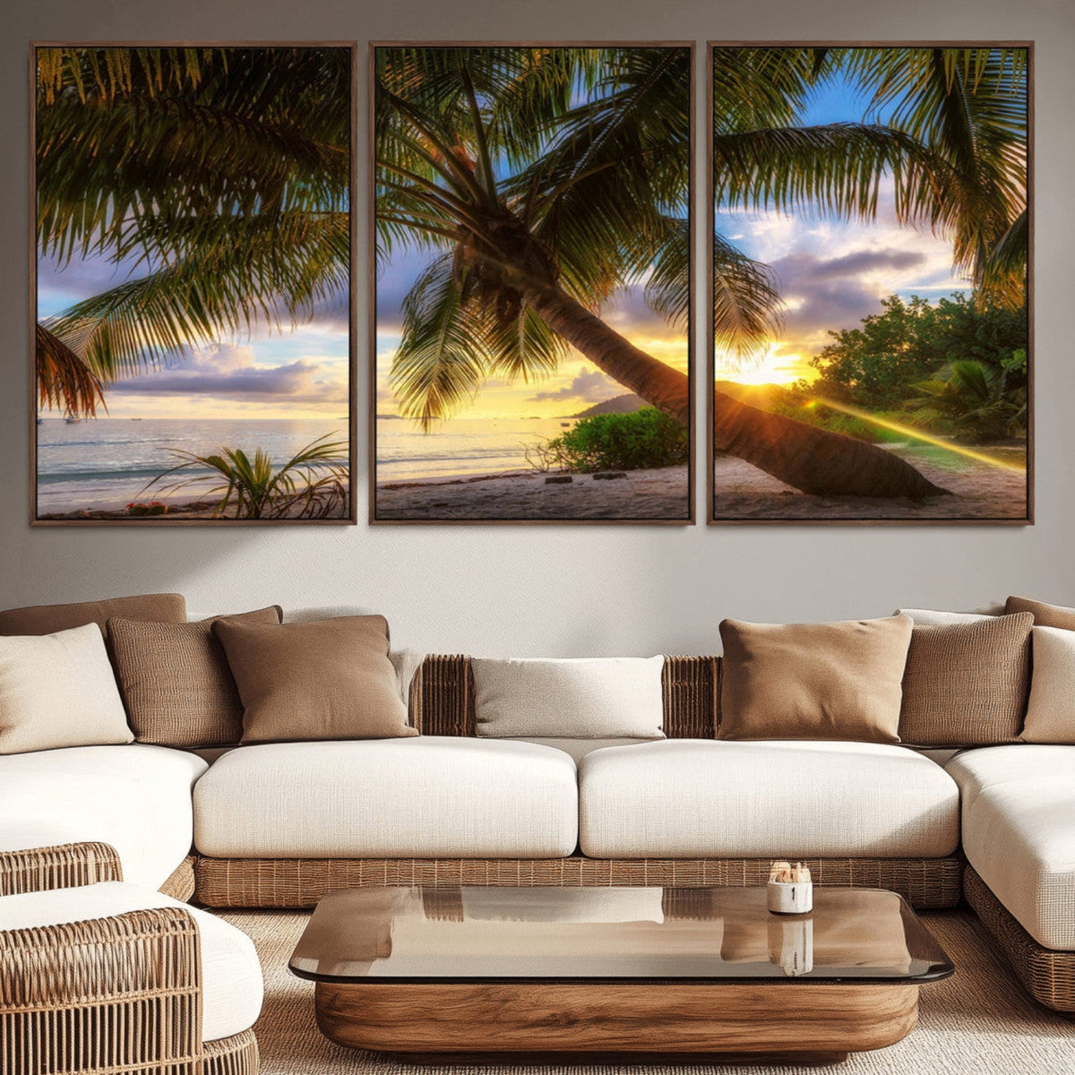 Tropical Island Sunset on the Beach Palms Wall Art Canvas