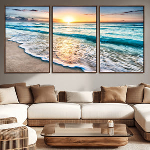 Sunset Beach Waves Canvas Wall Art – 5-Panel Ocean Sunset