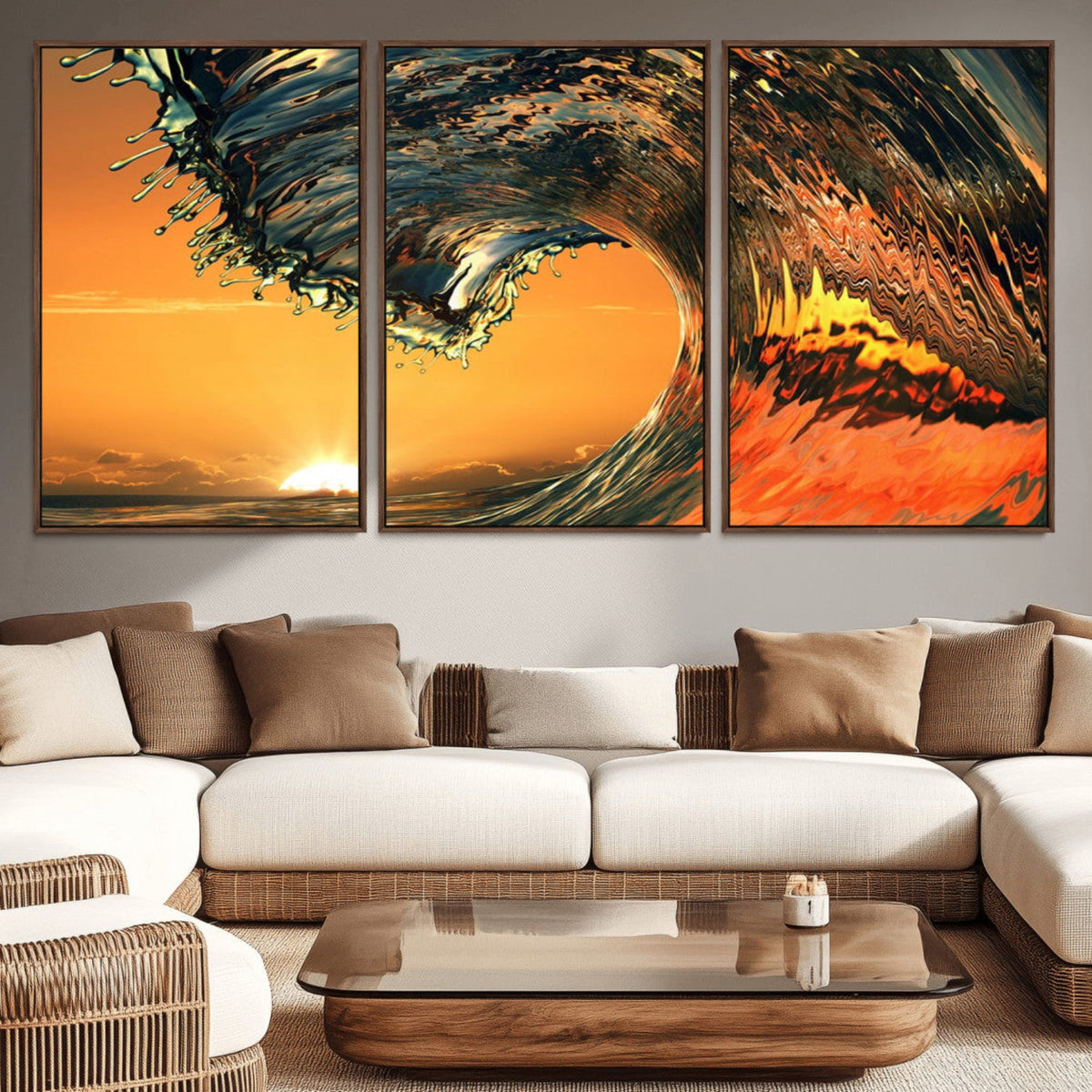 Surf Wave Sunset Canvas Wall Art Print, 3-Panel Ocean
