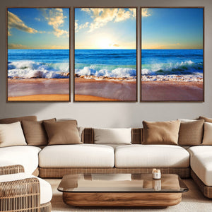 Tropical Beach Sunset Canvas Art, Ocean Waves and Sandy