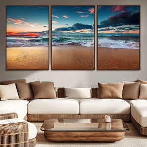 Sunset on Beach Wall Art Ocean Beach Canvas Print
