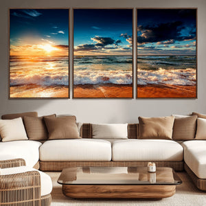 Golden Hour Sunset Over Ocean Waves Wall Art Canvas Print |