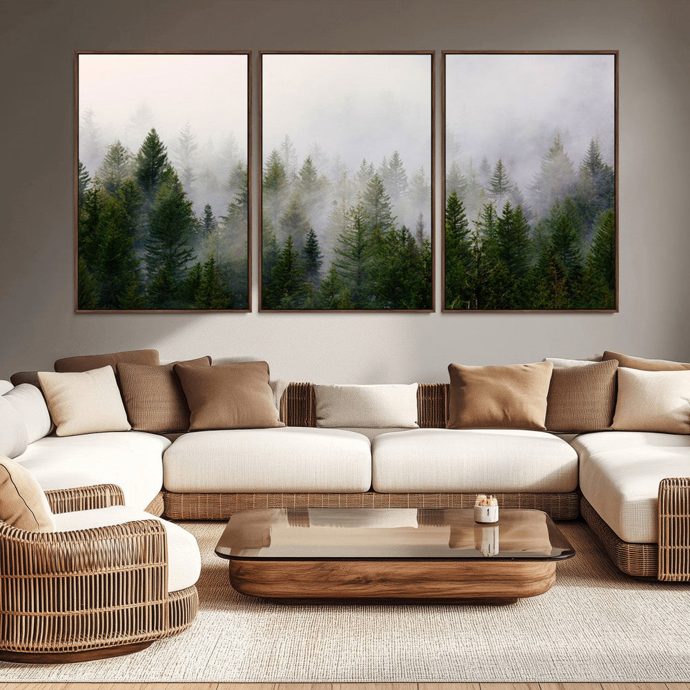 Misty Pine Forest Wall Art Canvas Print | 3 Panel Green