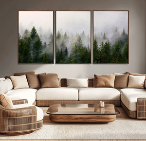 Misty Pine Forest Wall Art Canvas Print | 3 Panel Green