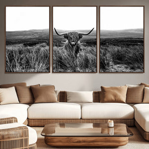 Black and White Highland Cow Canvas Wall Art, Longhorn