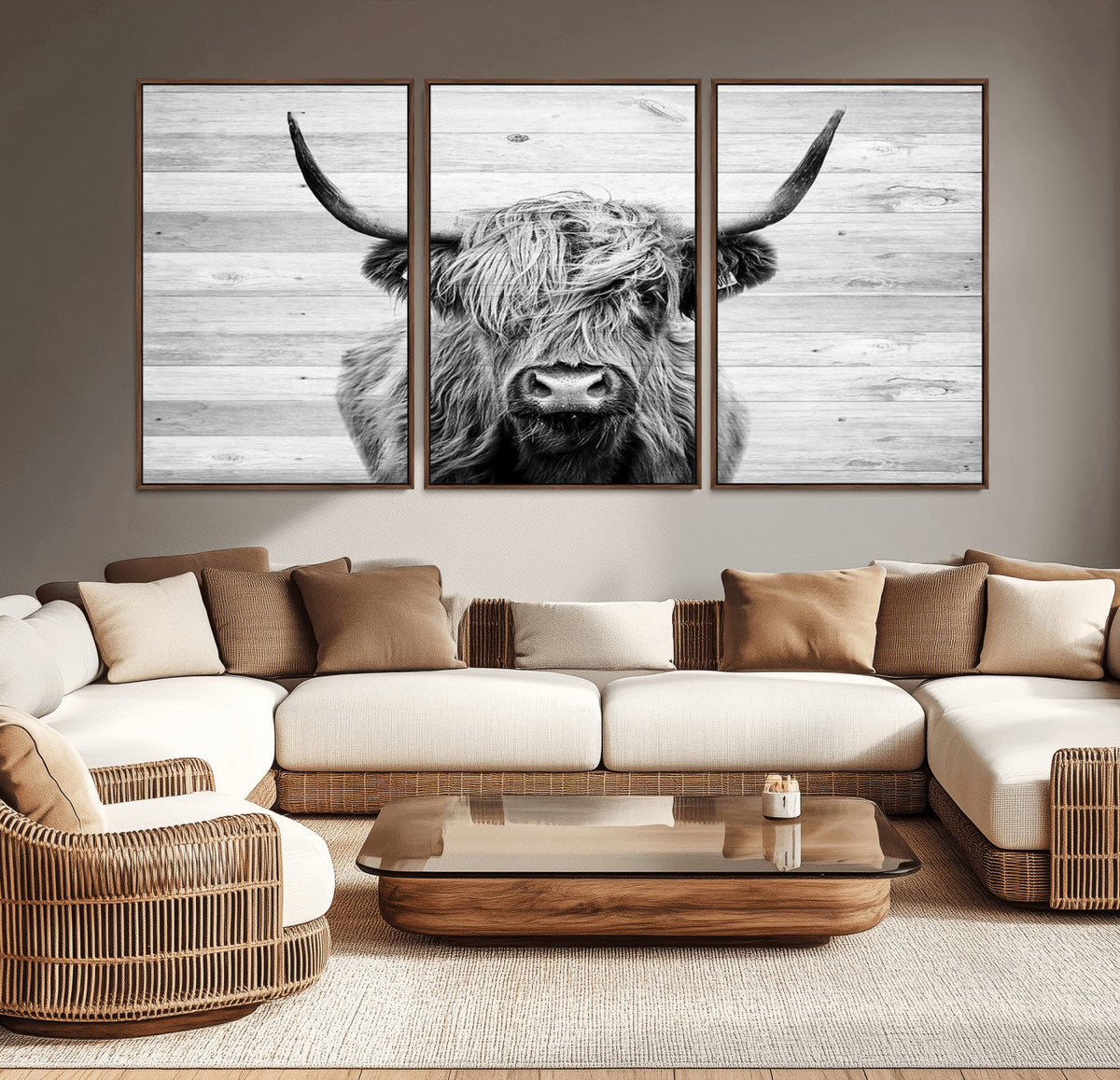 Scottish Highland Cow Cattle Art Print on Wood Background