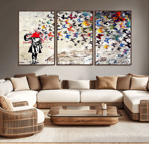 Banksy Art Butterfly Girl Explosion Canvas Art – Vibrant