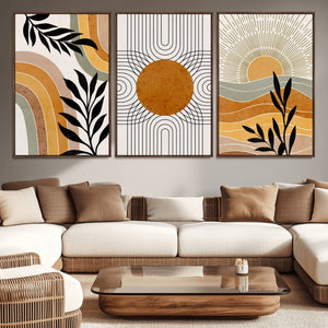 Modern Boho Sun and Leaf Abstract Art – 3-Panel Giclée