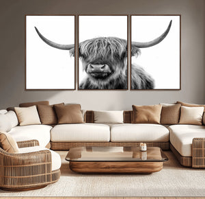 Grayscale Scottish Highland Cow Cattle Art Print Farmhouse