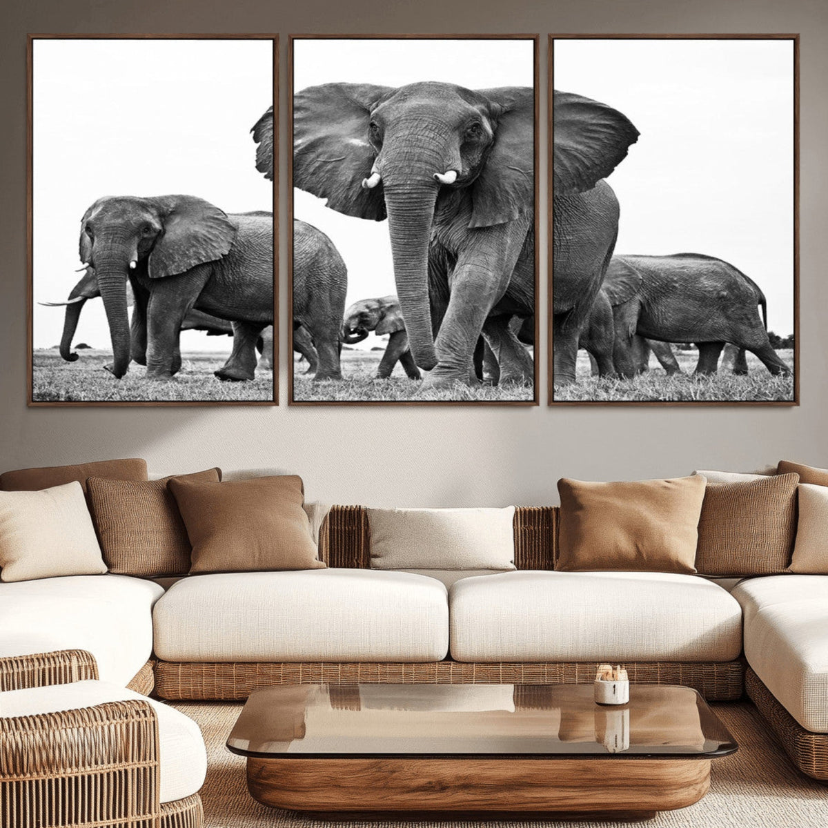 Black White Elephant Family Wall Art Canvas Print
