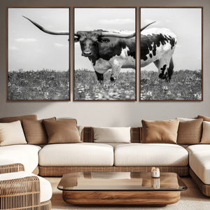 Texas Black White Highland Longhorn Cow Wall Art Canvas