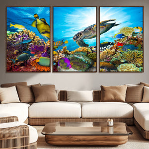 Colorful Coral Reef and Sea Life Turtle Canvas Print,