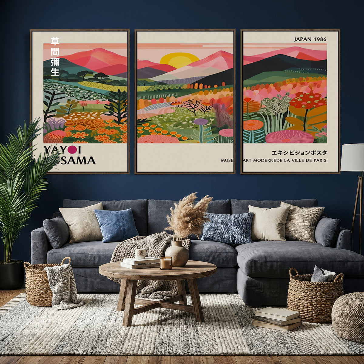 Yayoi Kusama Landscape Canvas Print, Vibrant Floral Mountain Art Print, Framed Botanical Wall Art -