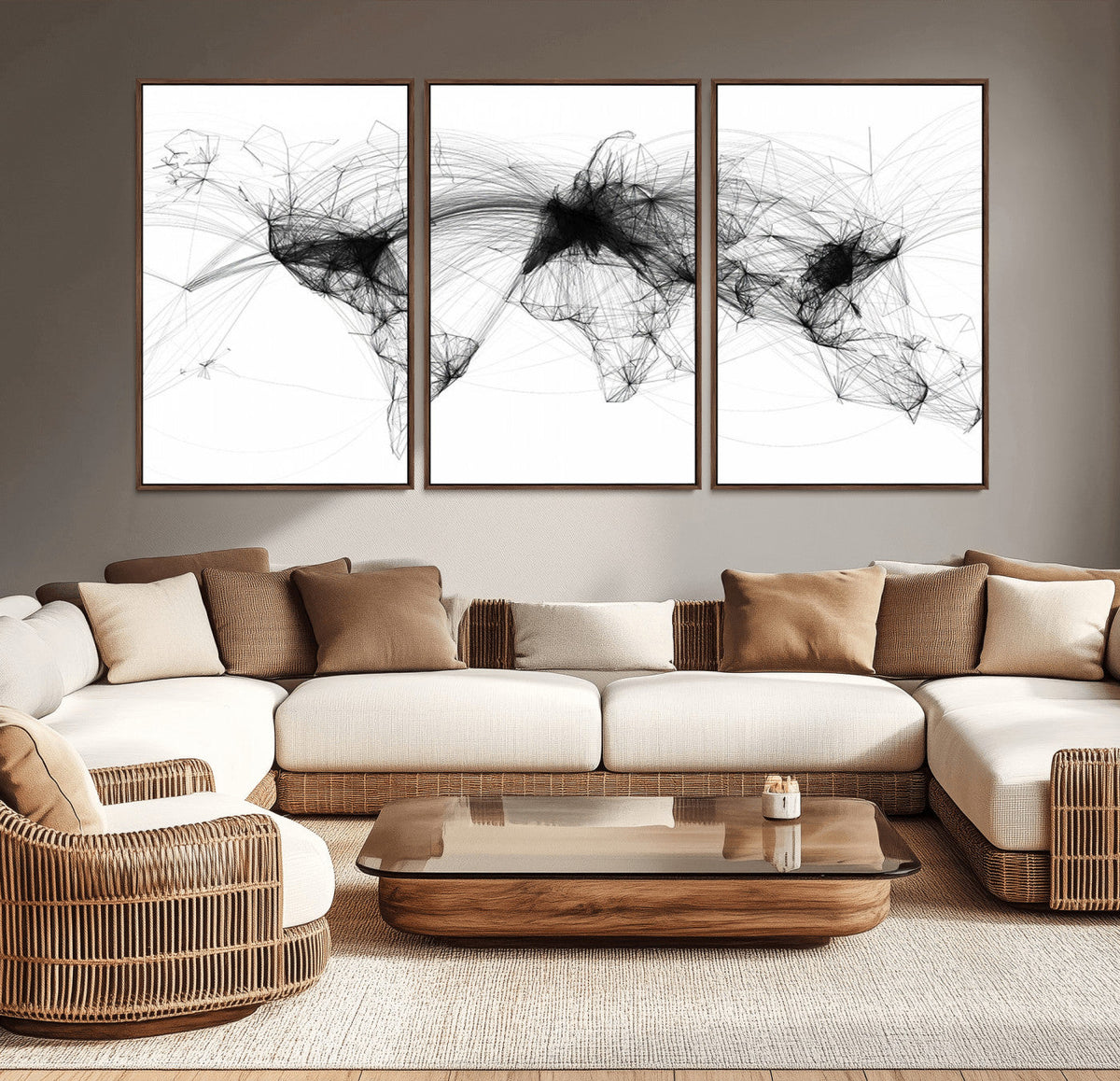 Abstract World Map Wall Art – Framed Geometric Line Canvas