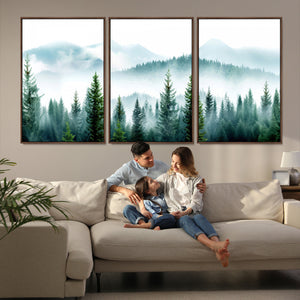 Pine Forest Wall Art Canvas Print – Misty Mountains Foggy