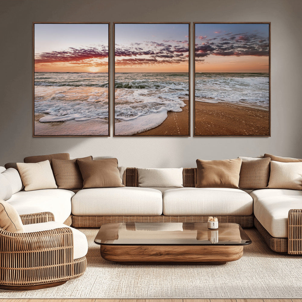 Ocean Sunset Wall Art Canvas Print – Framed Sandy Shore