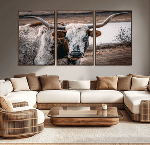 Texas Longhorn Wall Art Canvas Print – Framed Spotted Bull