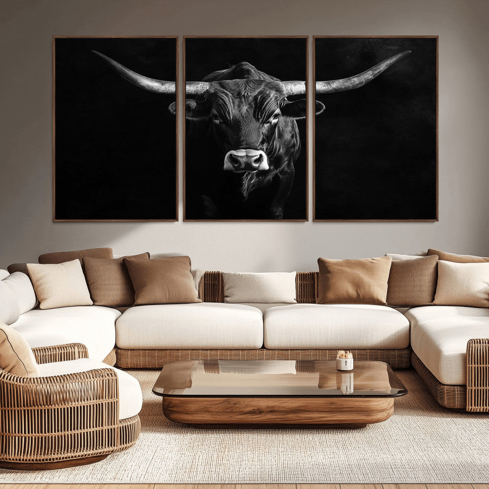 Texas Longhorn Wall Art Canvas Print – Framed Monochrome