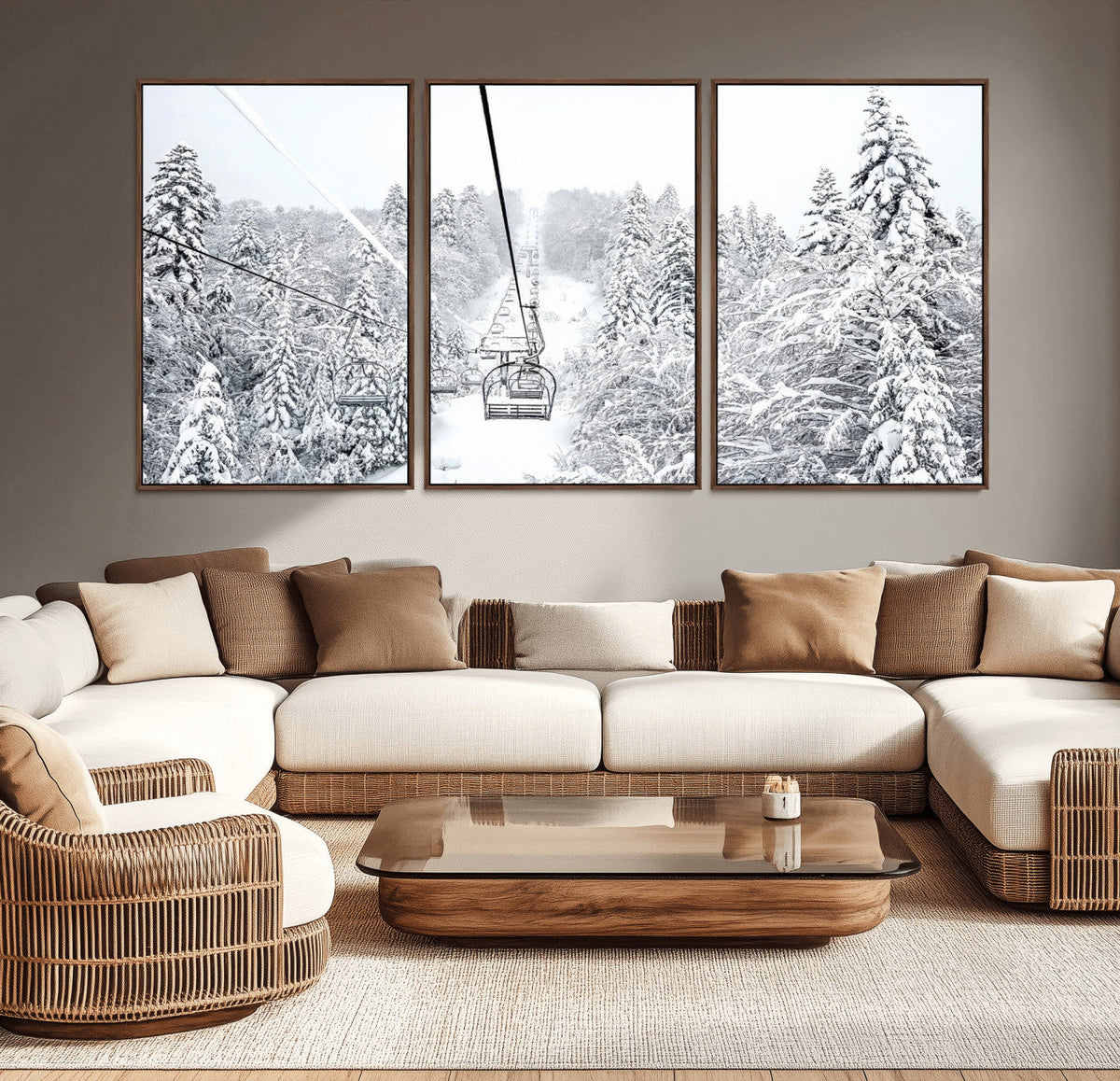 Snowy Ski Lift Wall Art – Framed Winter Mountain Canvas
