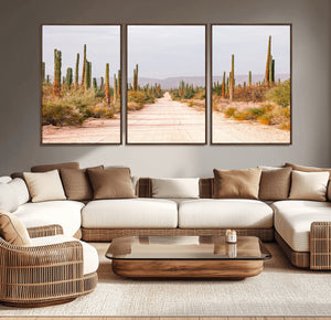 Desert Cactus Lined Road Wall Art Canvas Print – Framed