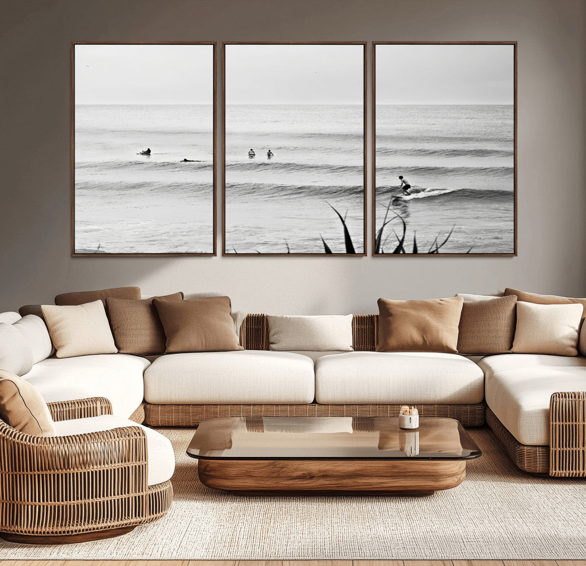 Surfer Silhouette Wall Art – Framed Calm Ocean Canvas