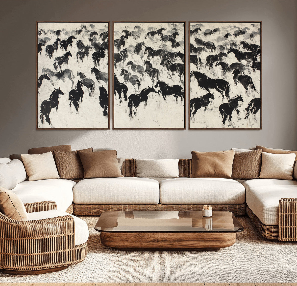 Wild Horse Stampede Wall Art Canvas Print – Monochrome