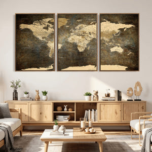 Large Framed Vintage World Map Wall Art Print for Home Wall