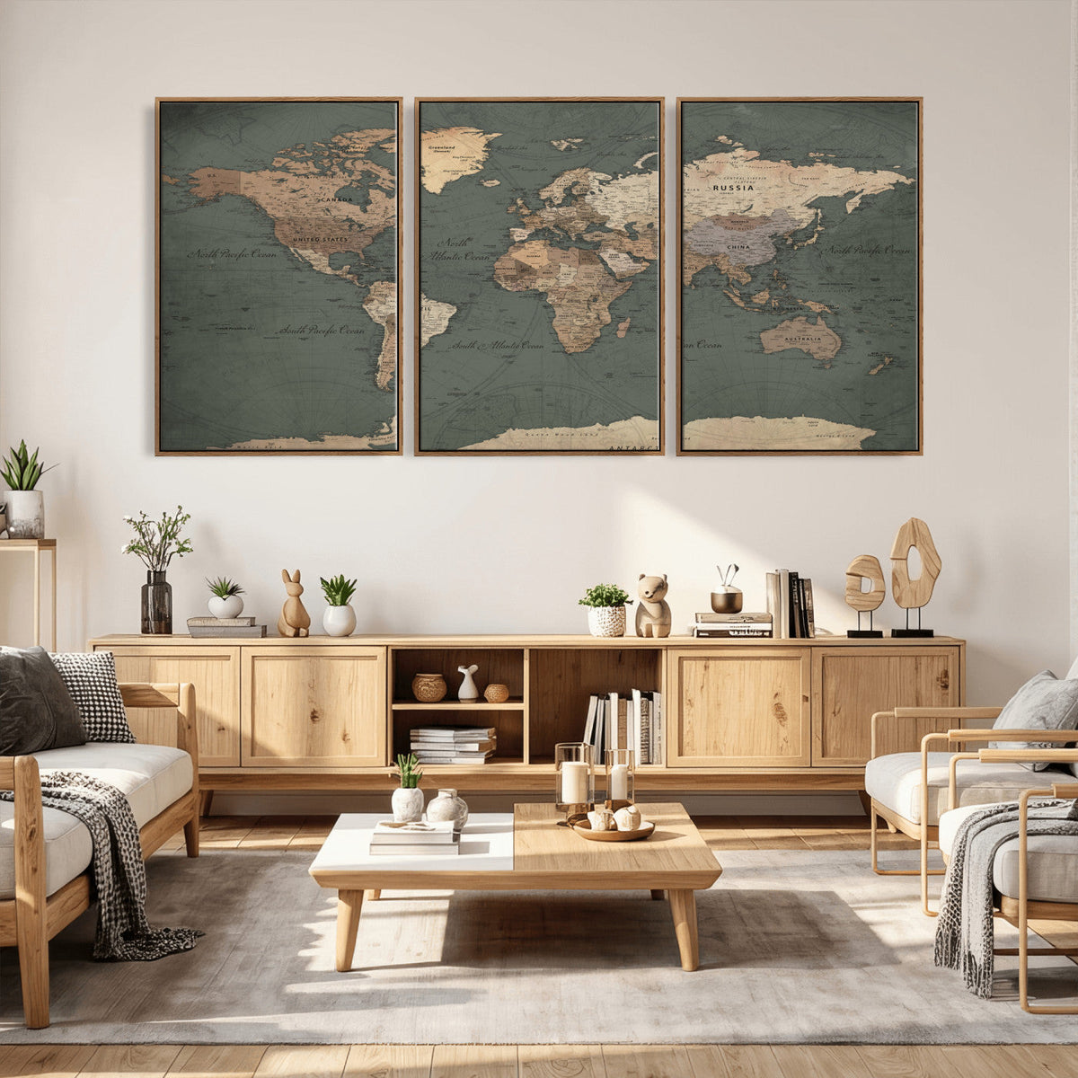 Rustic Black and Wood World Map Canvas Wall Art – Framed