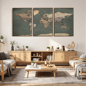 Rustic Black and Wood World Map Canvas Wall Art – Framed