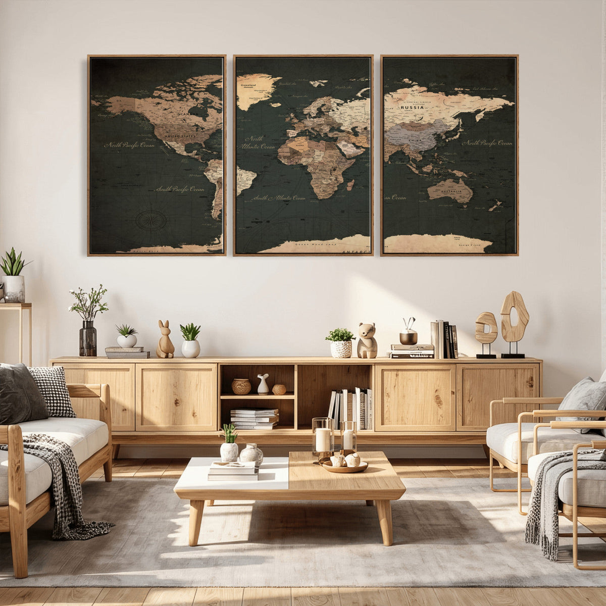 Vintage World Map Canvas Wall Art – Framed Travel Map for