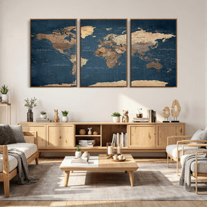 Navy Blue World Map Canvas Print – Framed Travel Map Wall