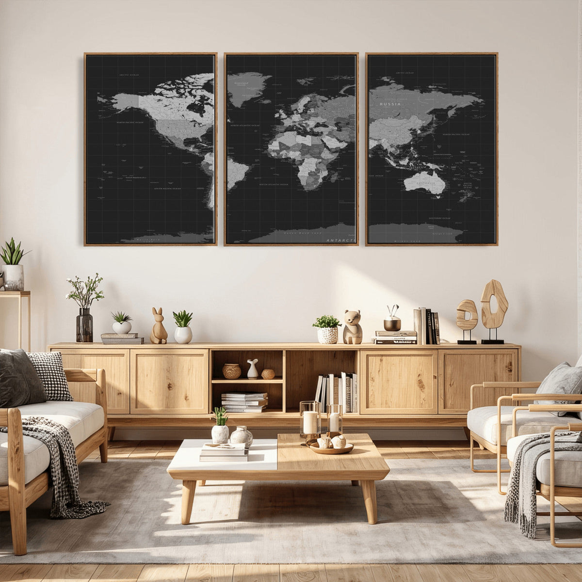 Black World Map Wall Art Canvas Print – Detailed Map of the