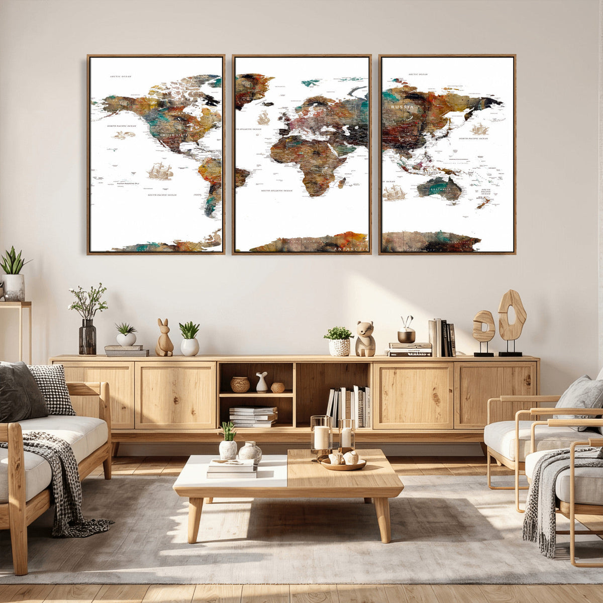 Watercolor World Map Canvas Print – Detailed Map of the