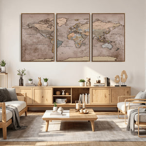 Grunge World Map Canvas Wall Art - Vintage Aged World Map