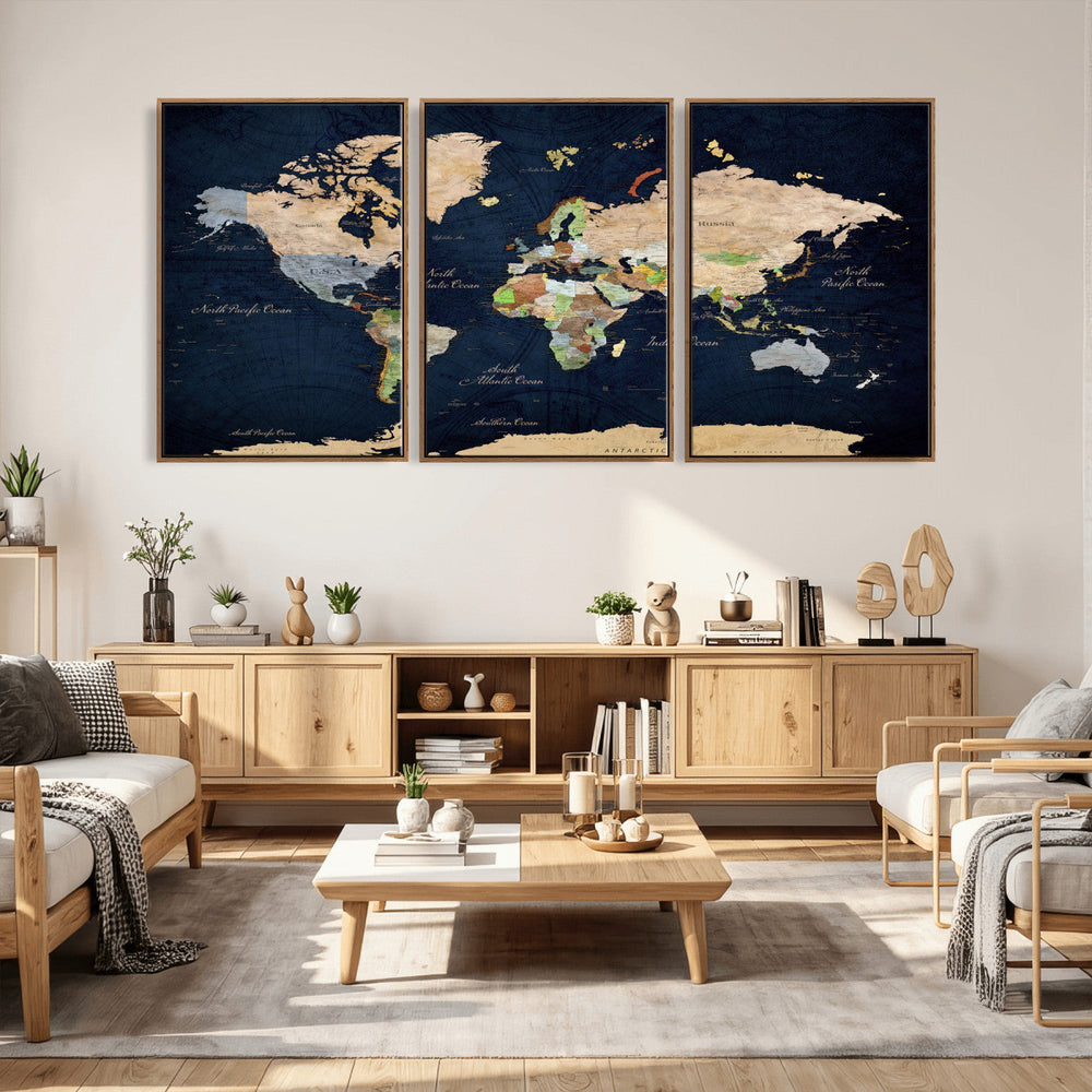 Minimalist World Map Canvas Wall Art - Watercolor Blue and